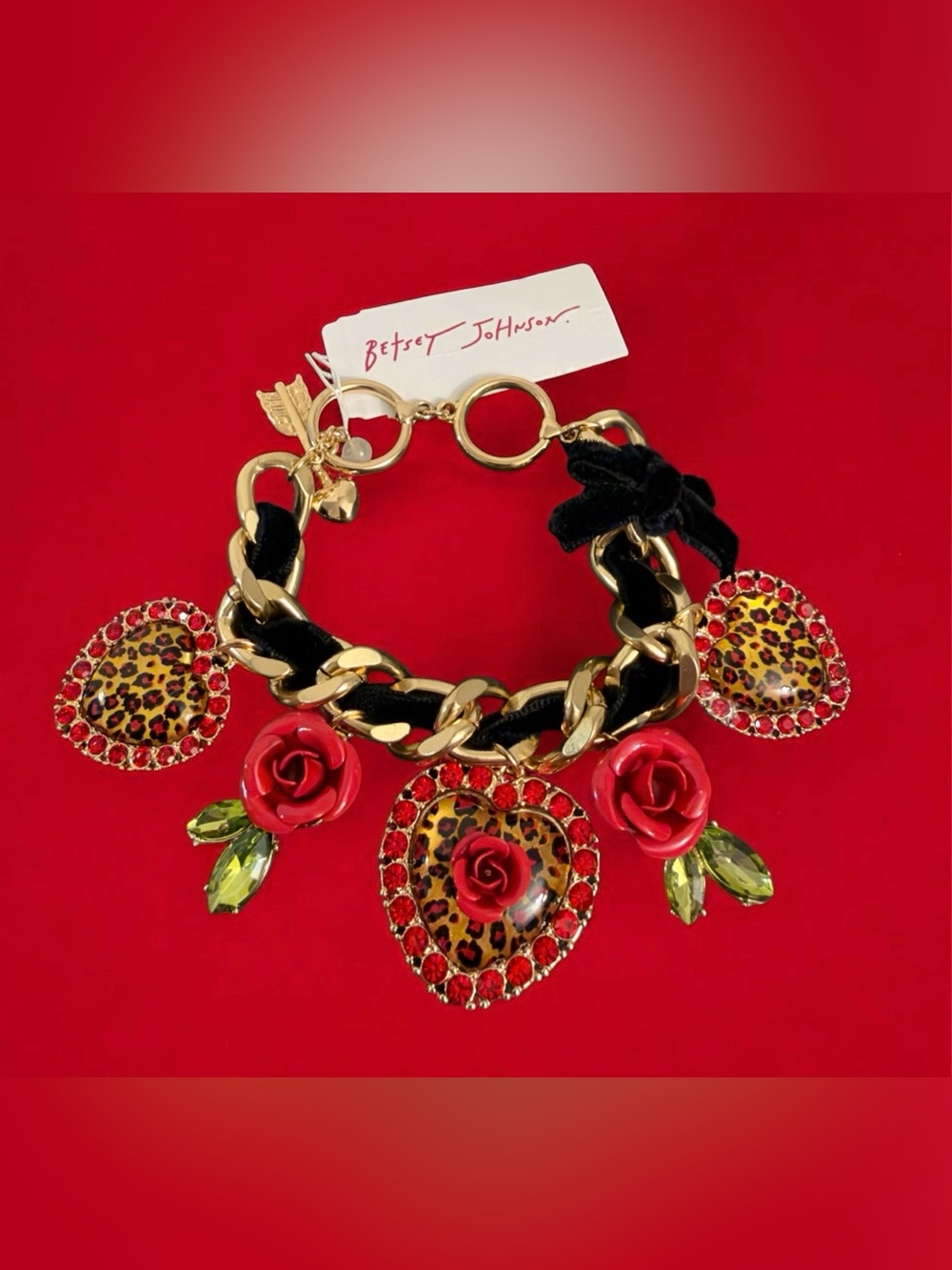 Betsey Johnson Gold-Tone Chain Bracelet with Red Roses & Leopard Heart Charms - Picture 7 of 16